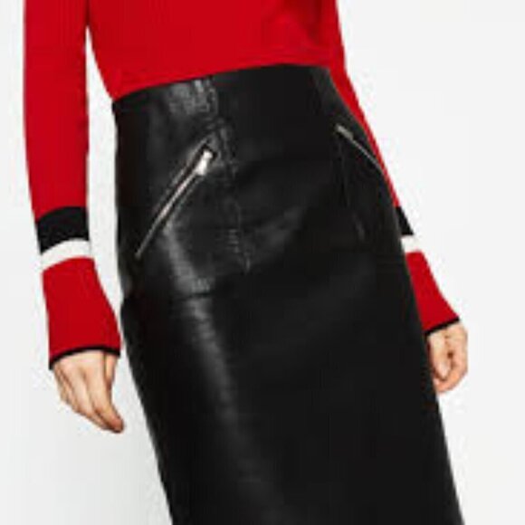 Zara Black High Waisted Midi Faux/Vegan Leather Pencil Skirt Women's Size Medium - Picture 1 of 8